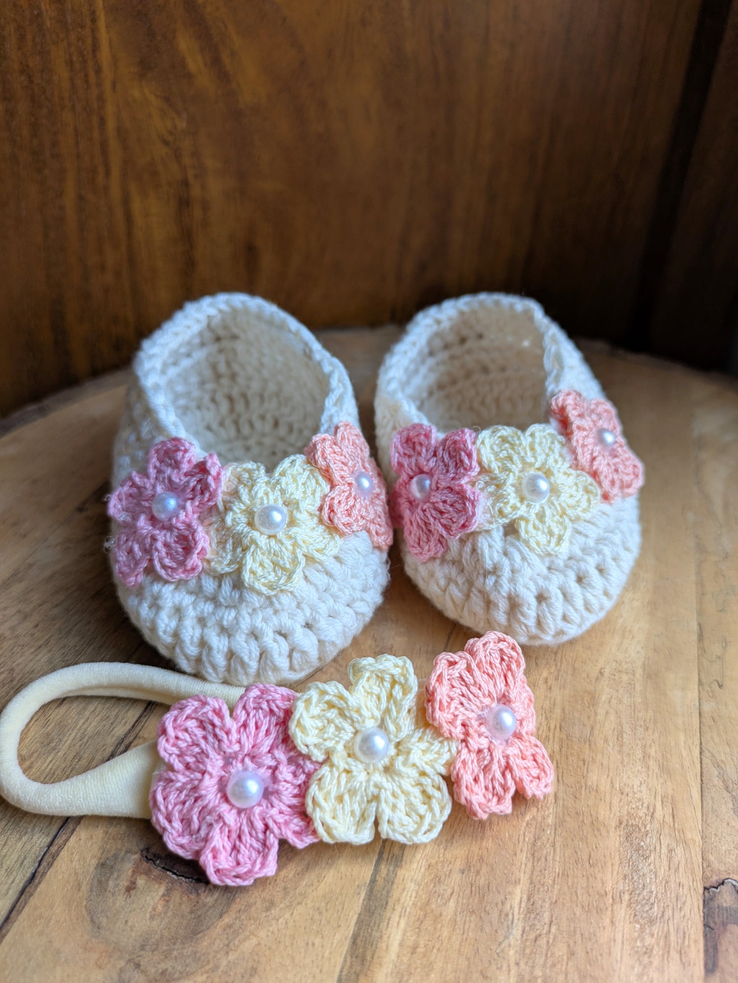 Crochet Baby Booties and Headband set - off - white and pastel flowers.