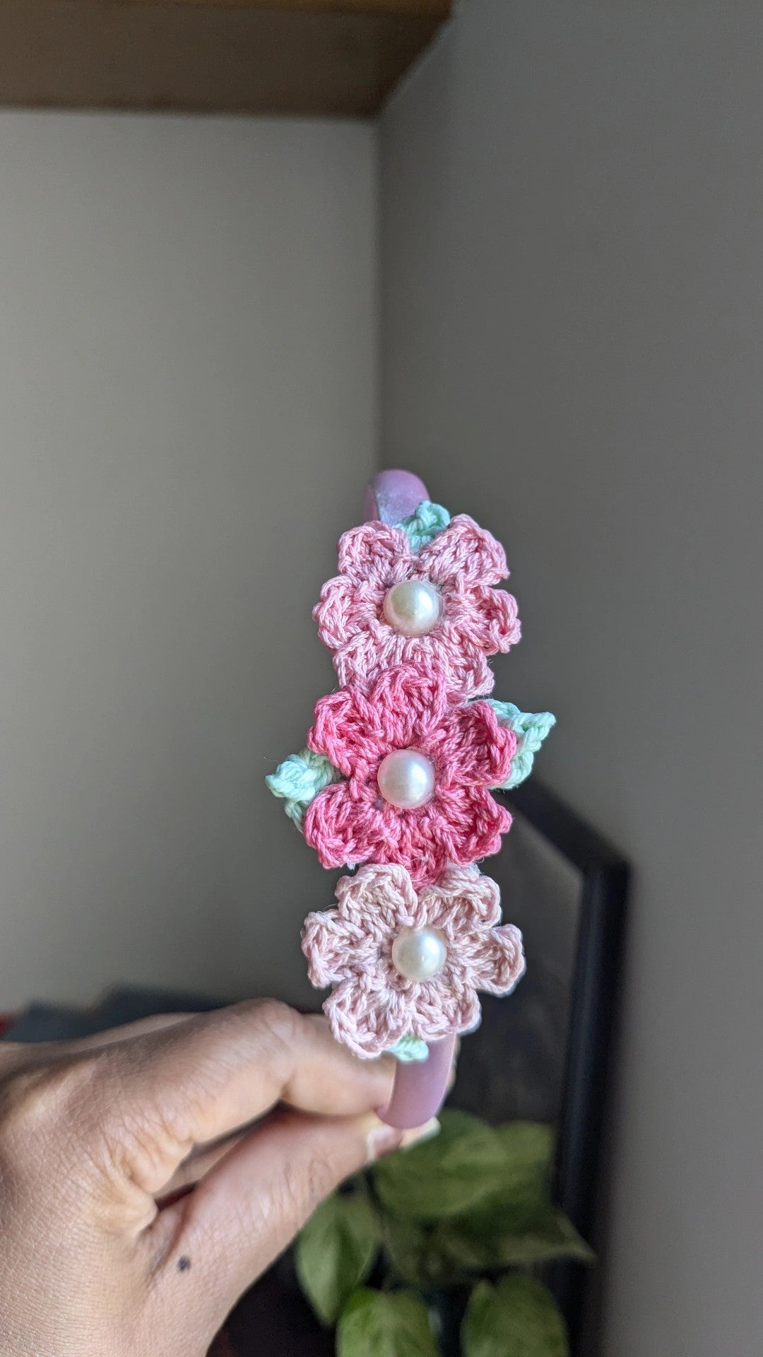 Pink Fairy- Hairband with pink crochet flowers