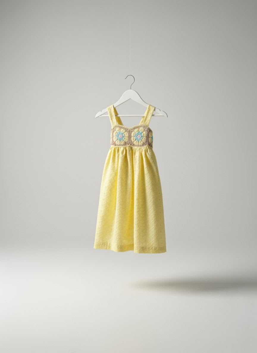 Yellow -Dress with crocheted yoke