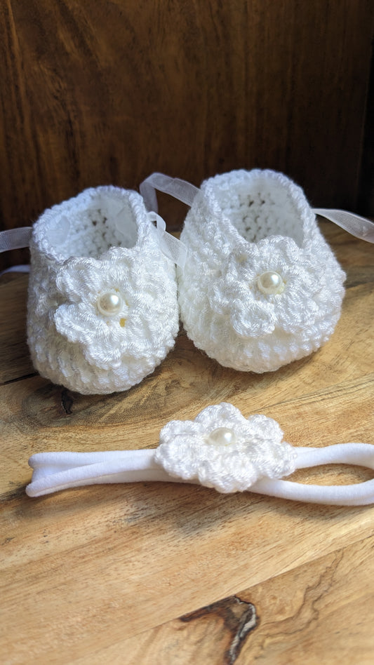 Baby Booties and headband set- White