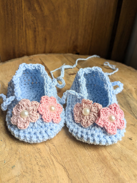 Blue Baby booties with pink flowers