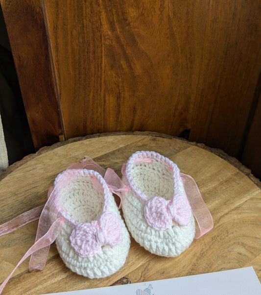Baby Booties -off White with Pink bow