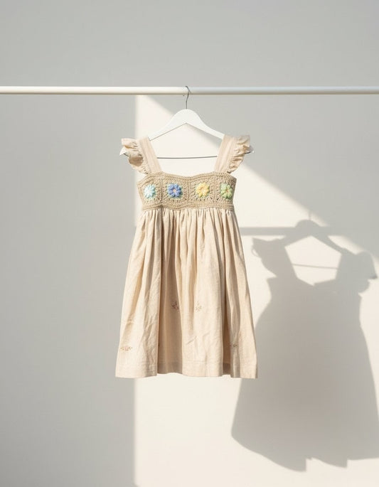 Beige Linen - Dress with crochet yoke