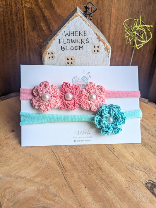 Bloomingdale - Pink and Teal Crochet flower Headbands