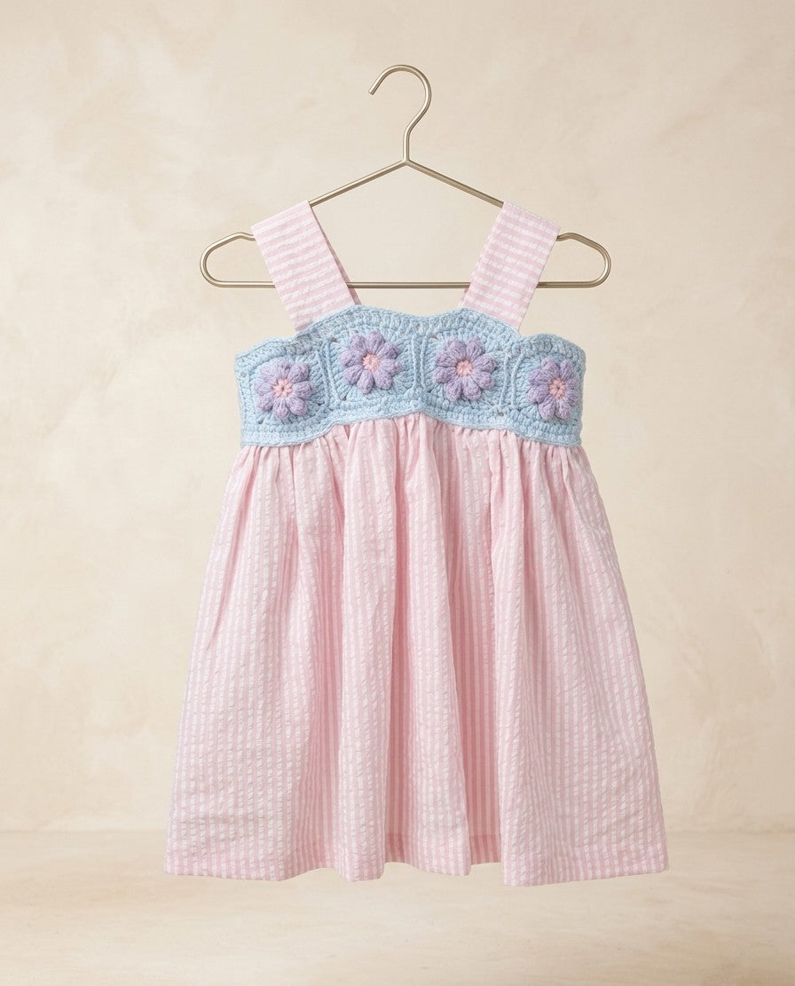 Blue Pink - Floral crochet yoke dress