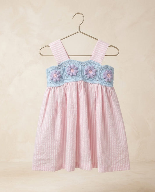 Blue Pink - Floral crochet yoke dress