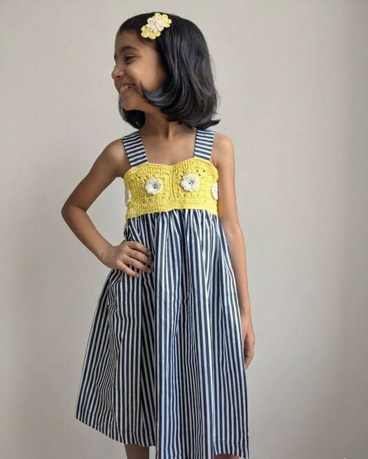 Bumblebee - Yellow Crochet yoke on a black and white dress