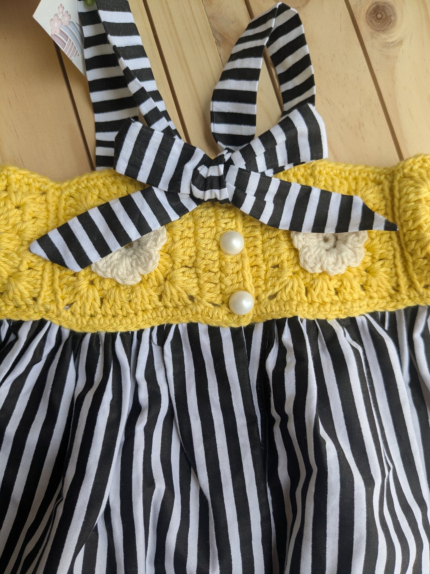 Bumblebee - Yellow Crochet yoke on a black and white dress