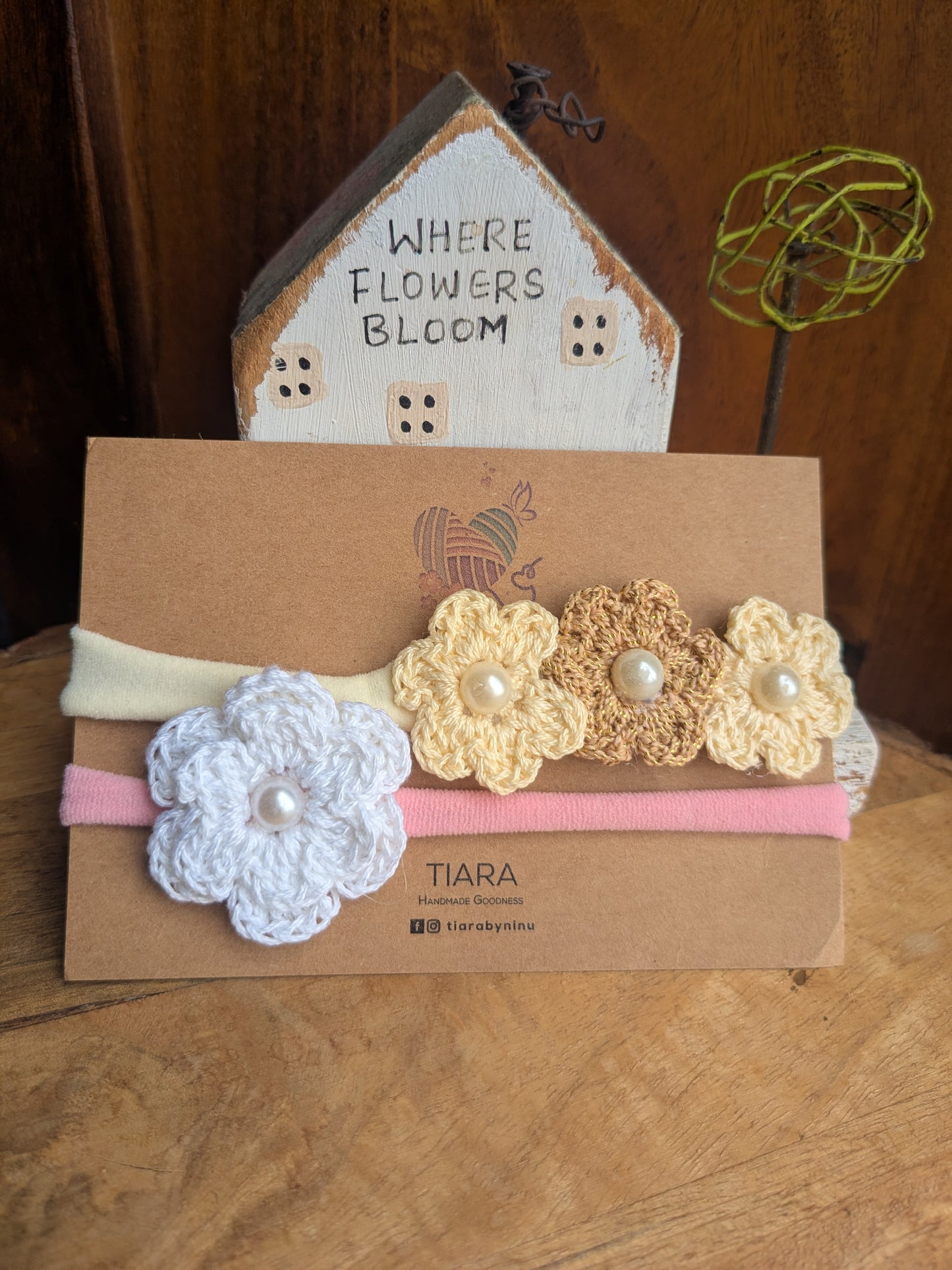 Cream Gold and White Crochet flower Headband set