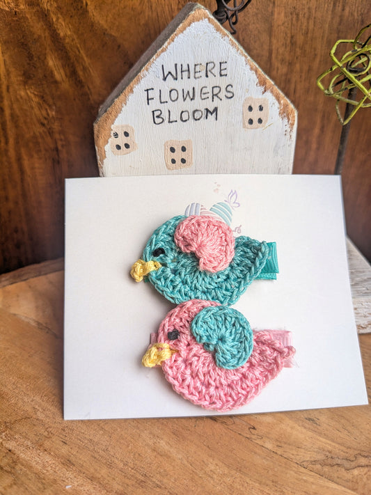 Tweet Tweet - crochet birds clips in Pink and Teal