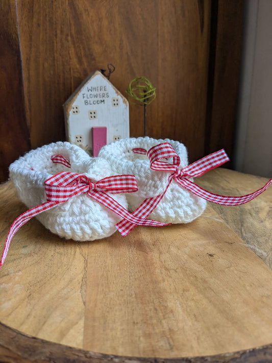 Cuffed Baby booties -off -White with Red Gingham tie