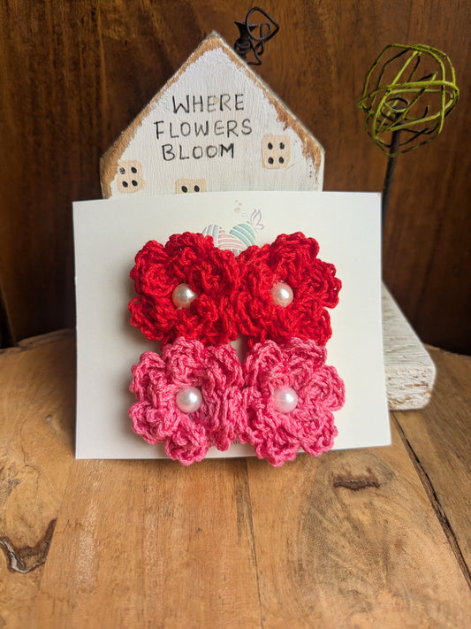 Fuschia Red - set of two snapclips with crochet flowers