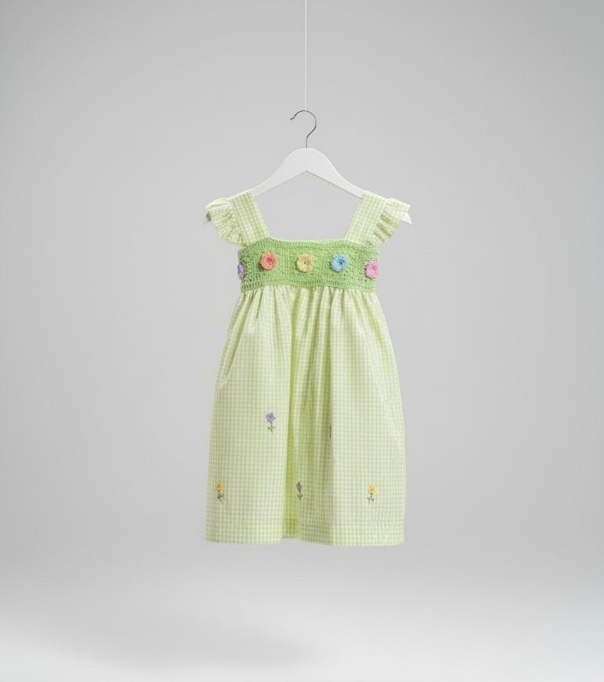 Green Checks - Dress with crochet yoke