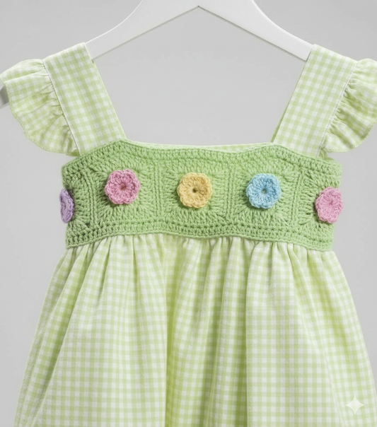 Green Checks - Dress with crochet yoke
