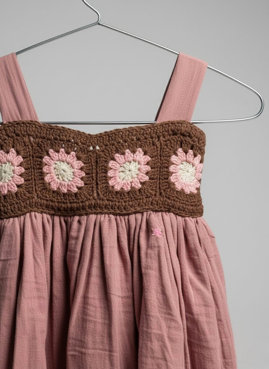 Mauve -Dress with crocheted yoke