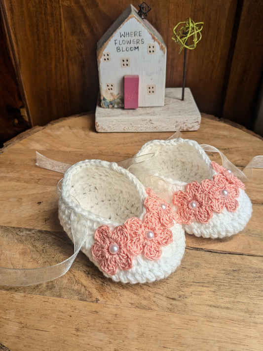 Crochet Baby Booties - off white booties with Peach flowers