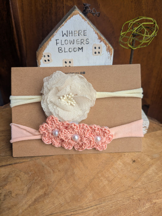 Peach crochet flower and cream floral headband set