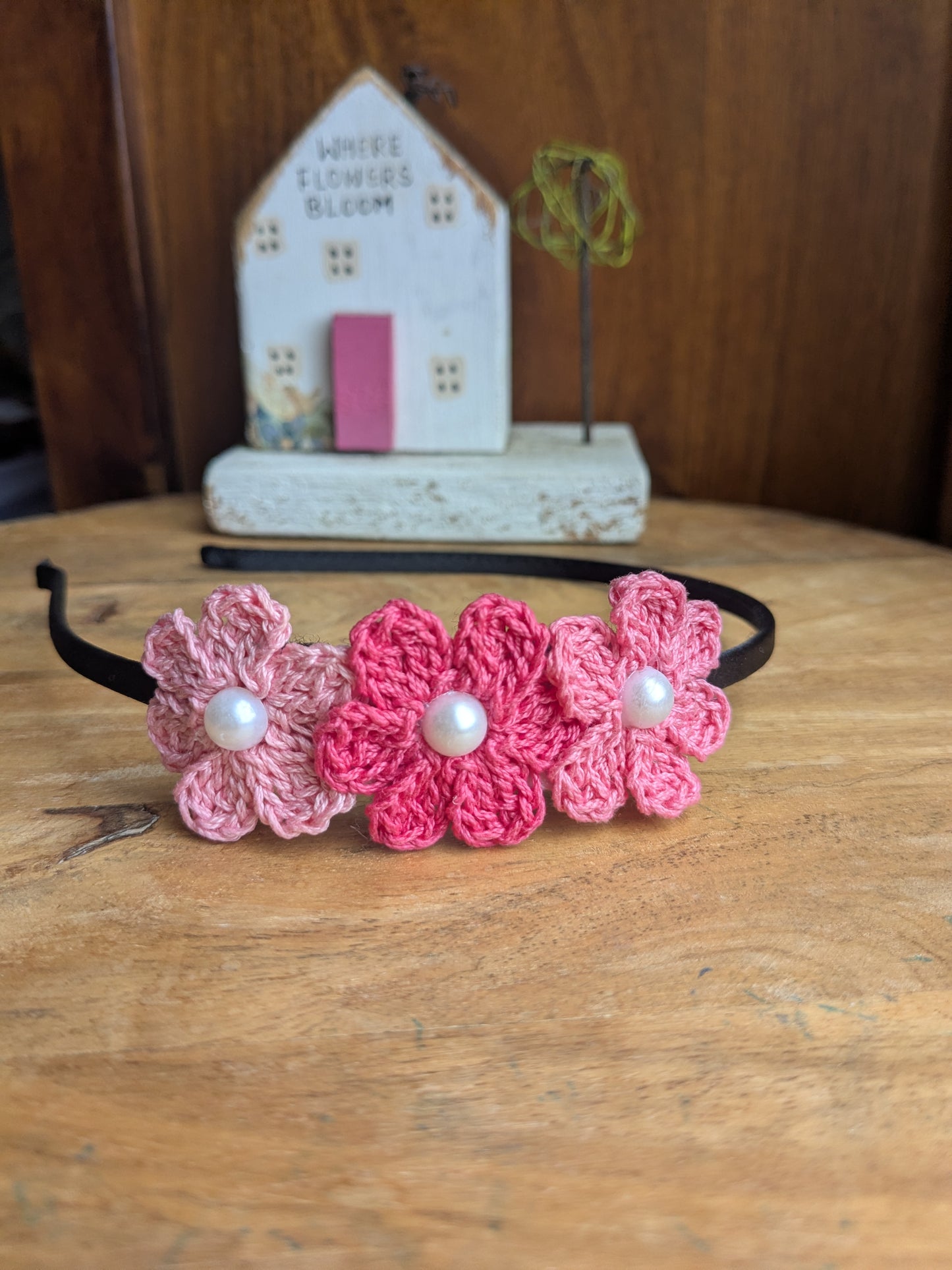 Pink Fairy- Hairband with pink crochet flowers