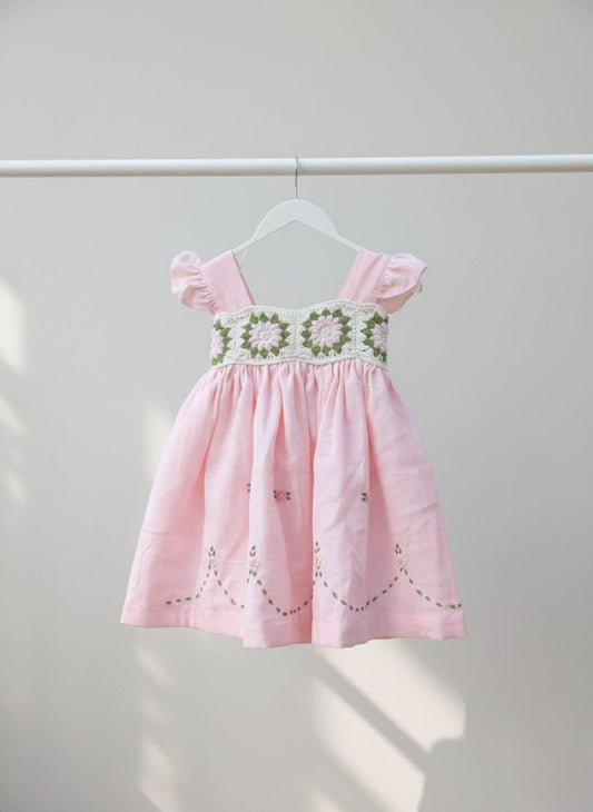 Pink Floral- Dress with crochet yoke