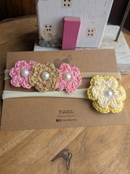 Pink Gold and Yellow crochet flower baby headbands
