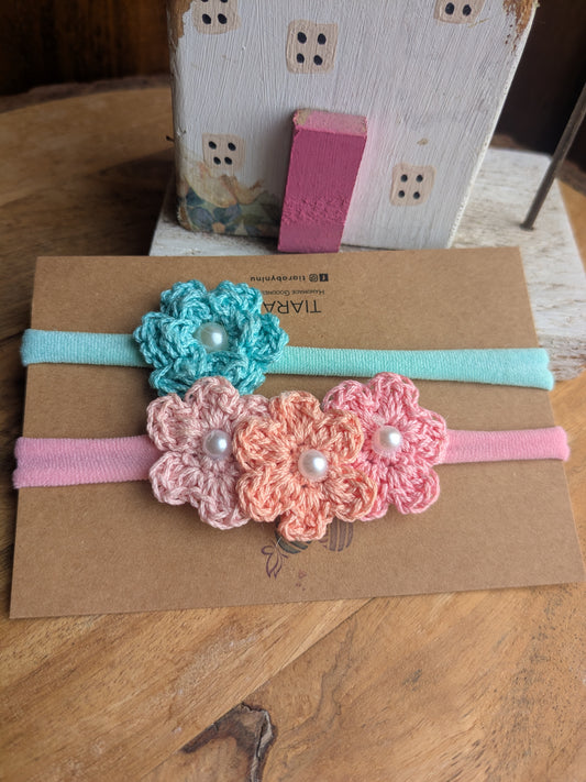 Bloomingdale - Pink and Teal Crochet flower Headbands