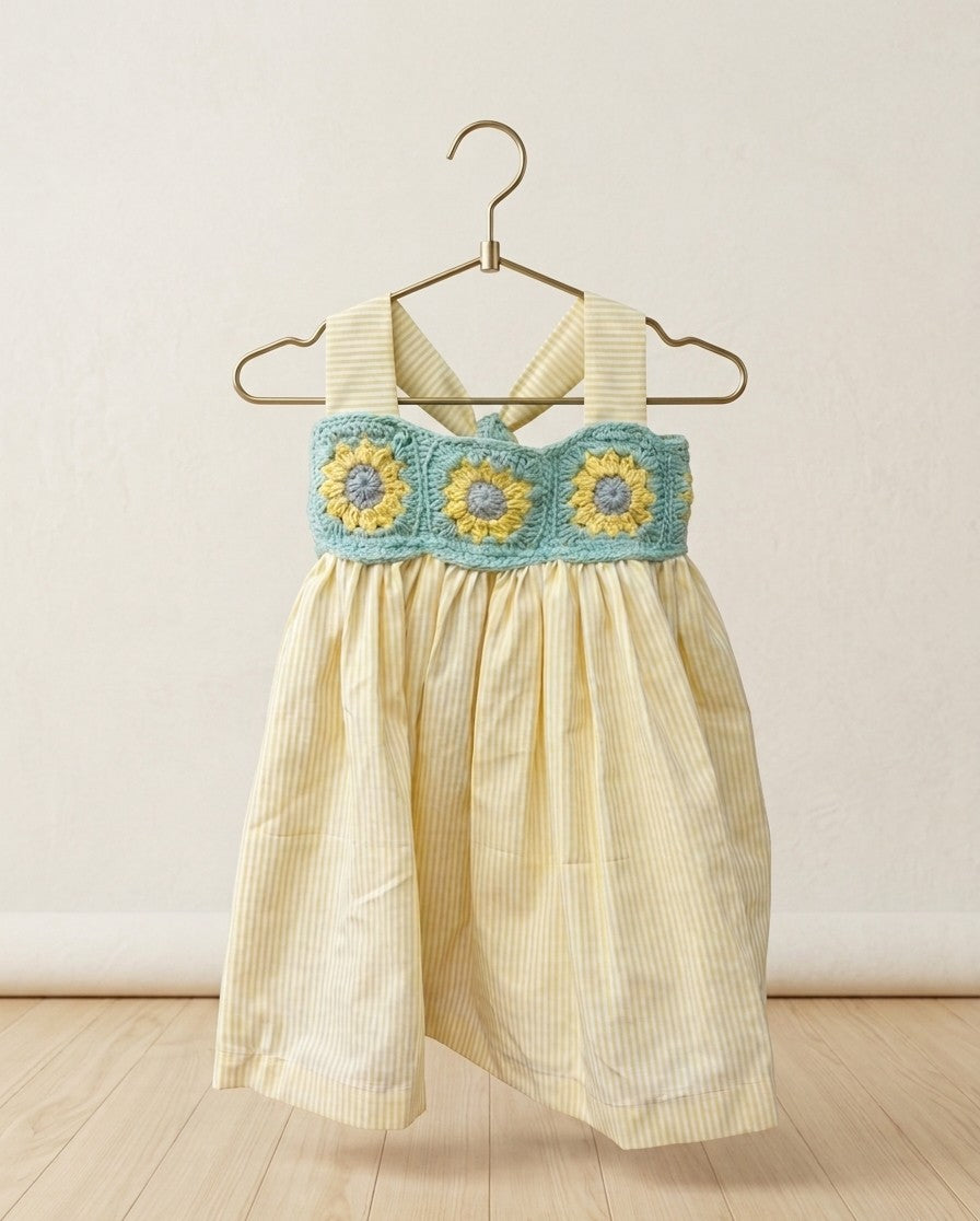 Teal Yellow Crochet Yoke Dress