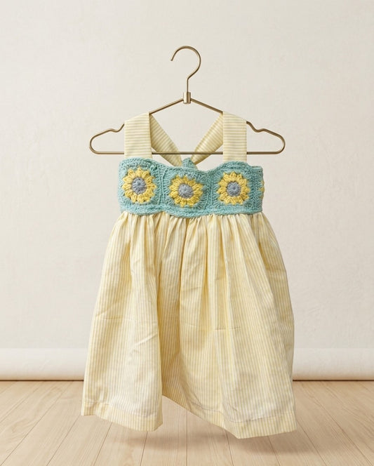 Teal Yellow Crochet Yoke Dress