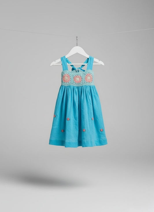 Turquoise Pink - Dress with crochet yoke