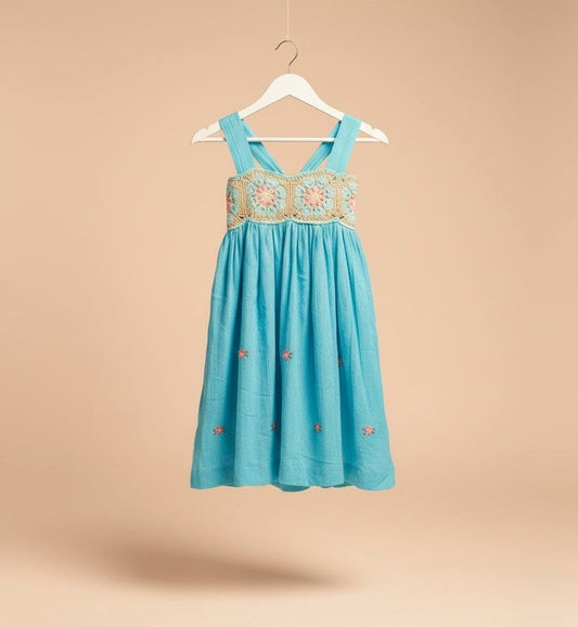 Turquoise -Dress with crocheted yoke